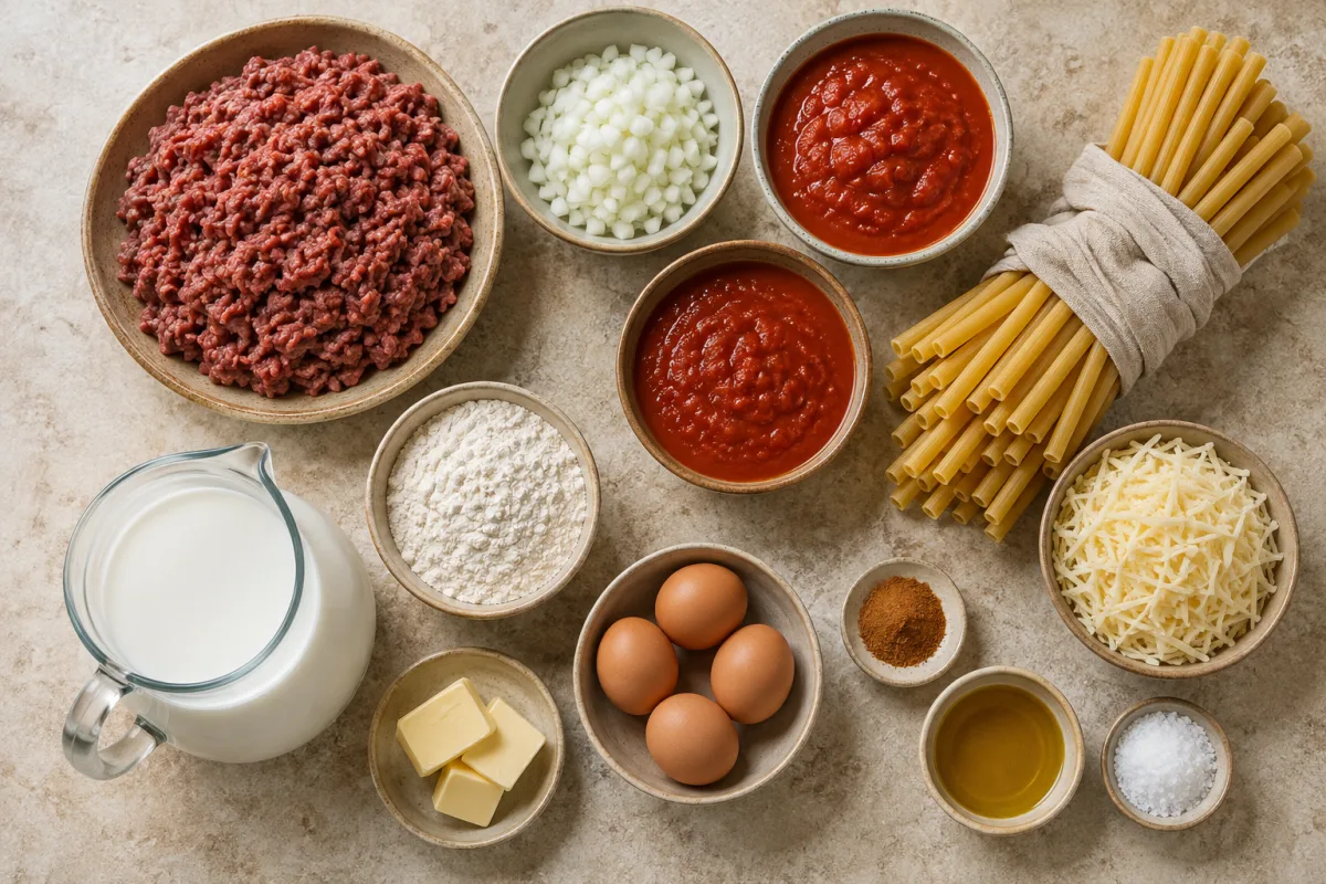 Ingredients for Greek pastitsio with beef, onion, tomato sauce, pasta, kasseri cheese, milk, flour, butter, eggs, cinnamon, olive oil, and salt