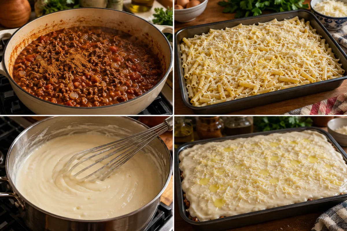 Four stages showing cinnamon beef sauce simmered, egg-coated pasta layered with cheese, thick bechamel whisked, and white sauce spread over the assembled pastitsio