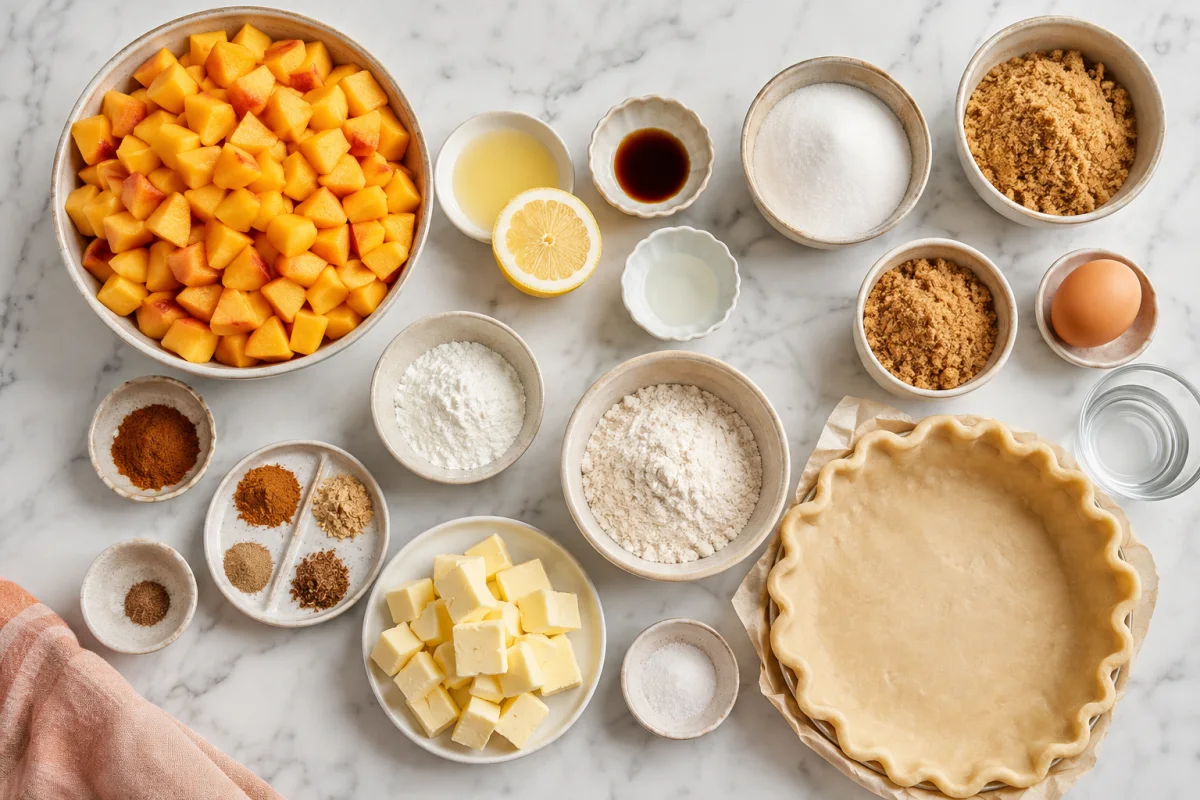Ingredients for peach crumble pie including peaches, crust, sugars, spices, cornstarch, extracts, egg, flour, and butter
