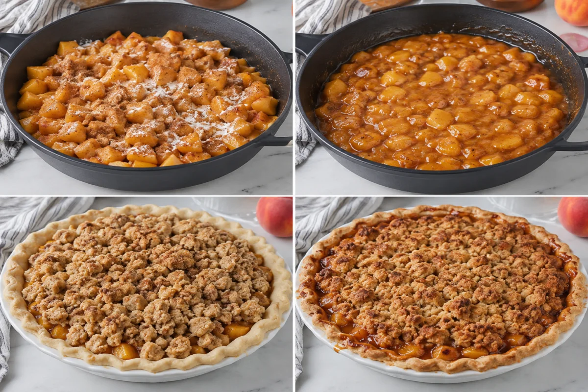 Four stages showing peaches seasoned, filling thickened, pie topped with flour crumble, and pie baked golden