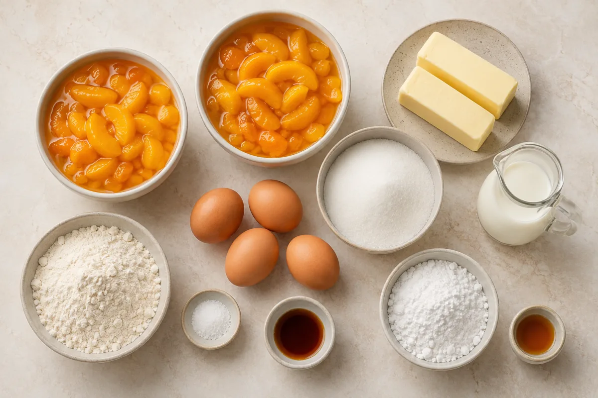 Ingredients for peach pie bars with peach filling, butter, sugar, salt, eggs, vanilla, flour, powdered sugar, almond extract, and milk