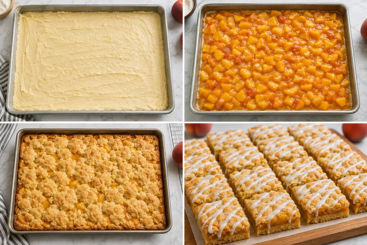 Four stages showing peach pie bar dough spread in a pan, chopped peach filling added, dough dolloped and baked, and cooled bars drizzled with glaze