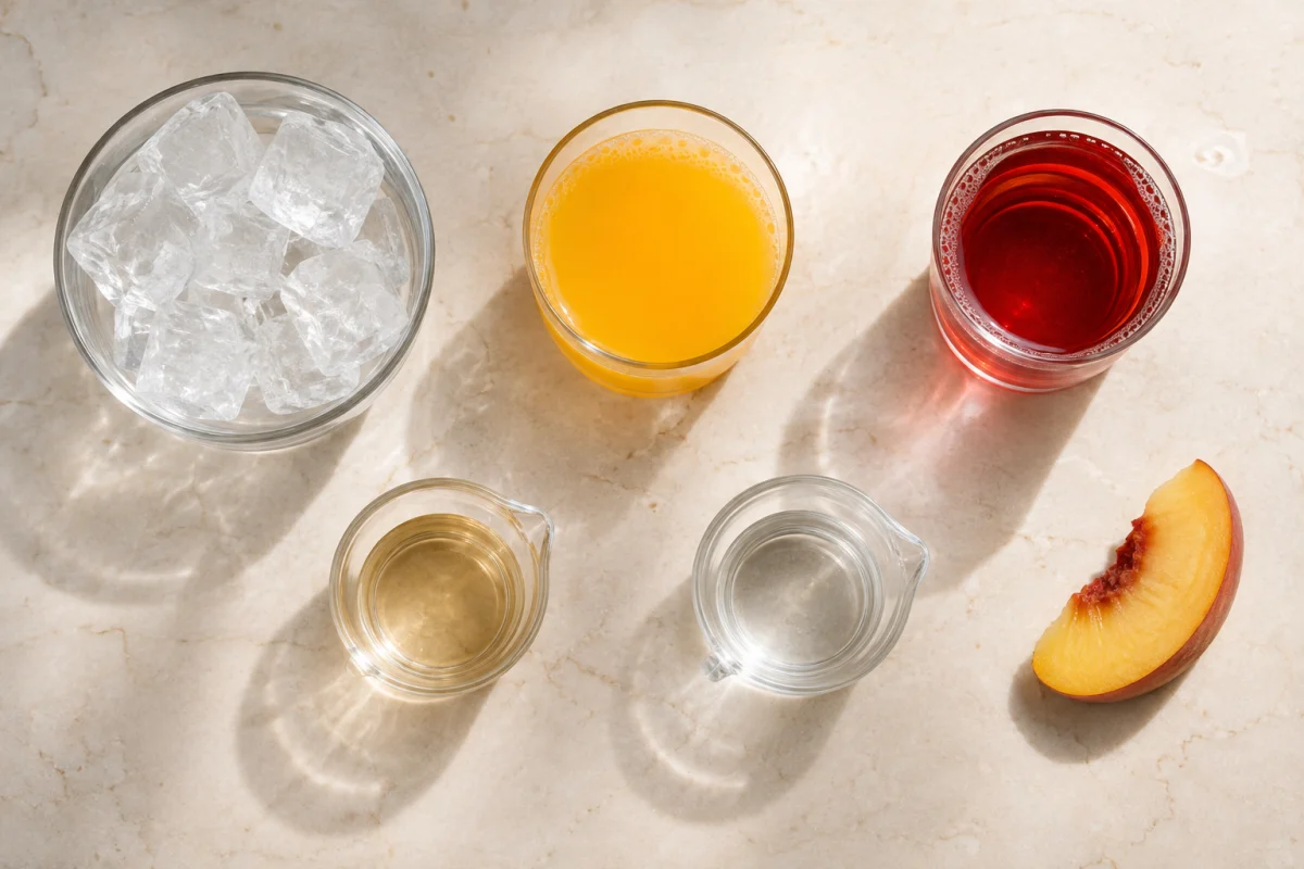 Ingredients for a layered peach cocktail including ice, orange juice, peach schnapps, silver rum, cranberry juice, and peach