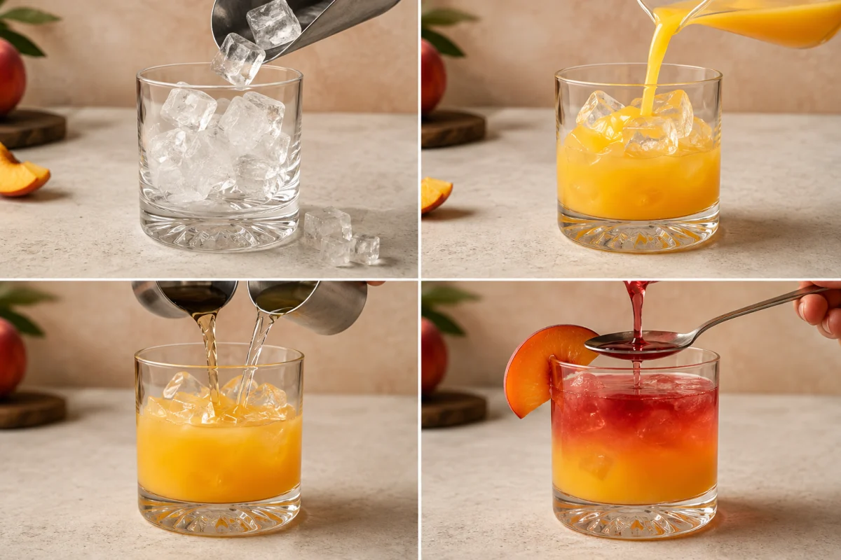 Four stages showing ice added to a lowball glass, orange juice poured, peach schnapps and rum added, and cranberry layered on top