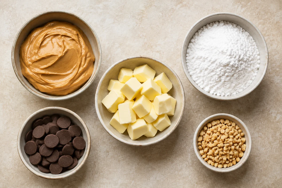 Ingredients for peanut butter balls including creamy peanut butter, softened butter, powdered sugar, dark chocolate wafers, and crushed peanuts