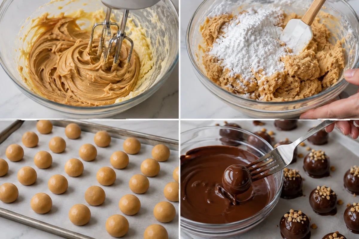 Four stages showing peanut butter and butter mixed, powdered sugar added, centers rolled on parchment, and frozen balls dipped in dark chocolate