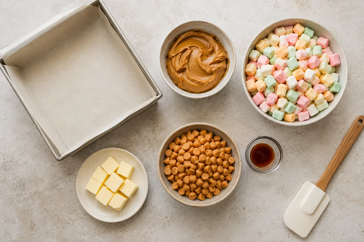 Butter, creamy peanut butter, butterscotch chips, vanilla, and fruity mini marshmallows