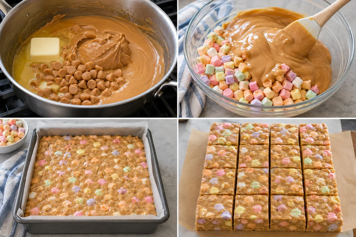Four stages showing melted peanut butter base, folded marshmallows, pressed pan, and cut squares