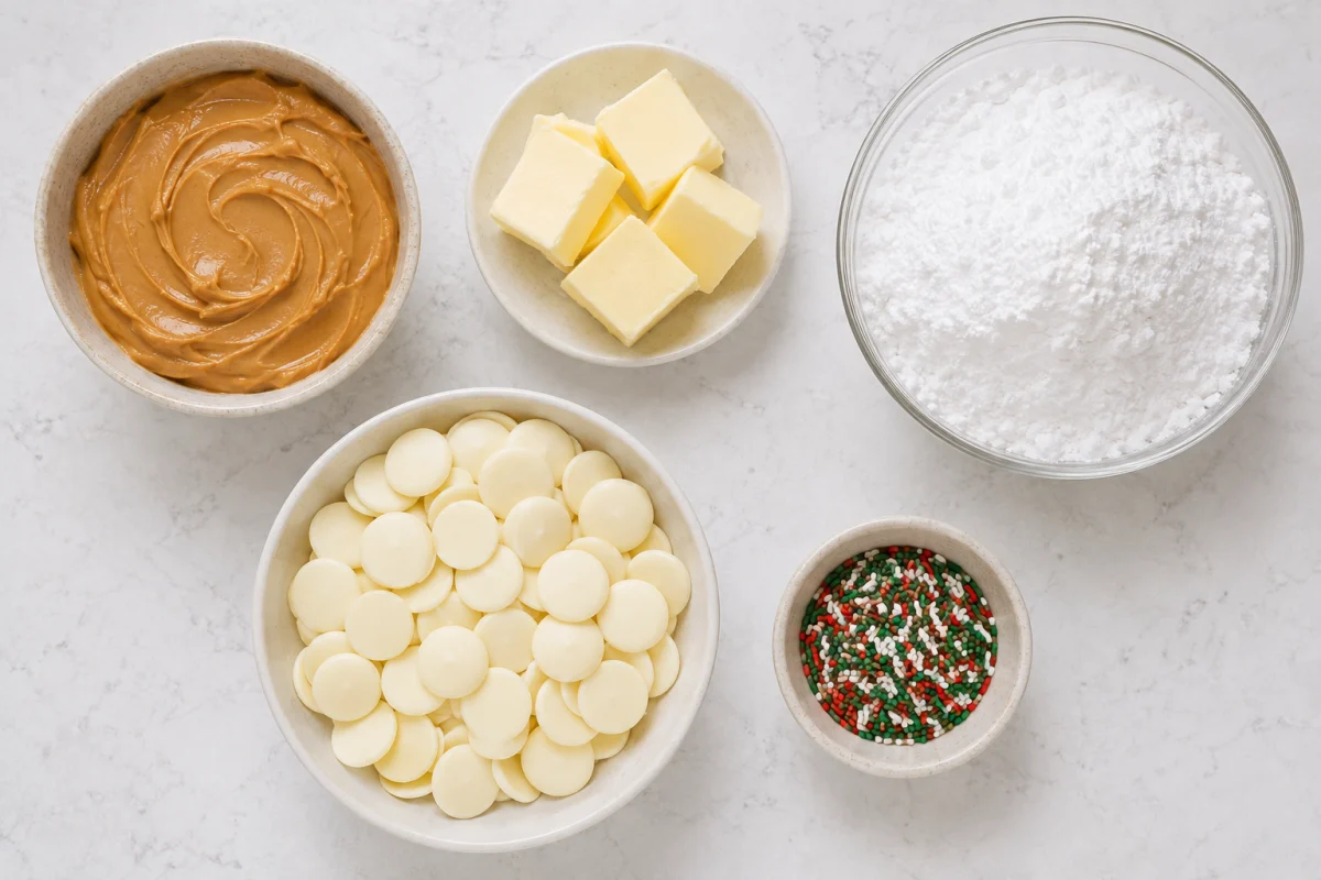 Ingredients for peanut butter snowballs including creamy peanut butter, softened butter, powdered sugar, white candy coating, and sprinkles