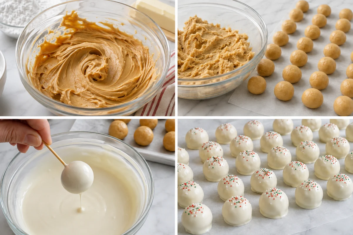 Four stages showing peanut butter and butter mixed, centers rolled, chilled balls dipped in white coating, and finished peanut butter snowballs with sprinkles