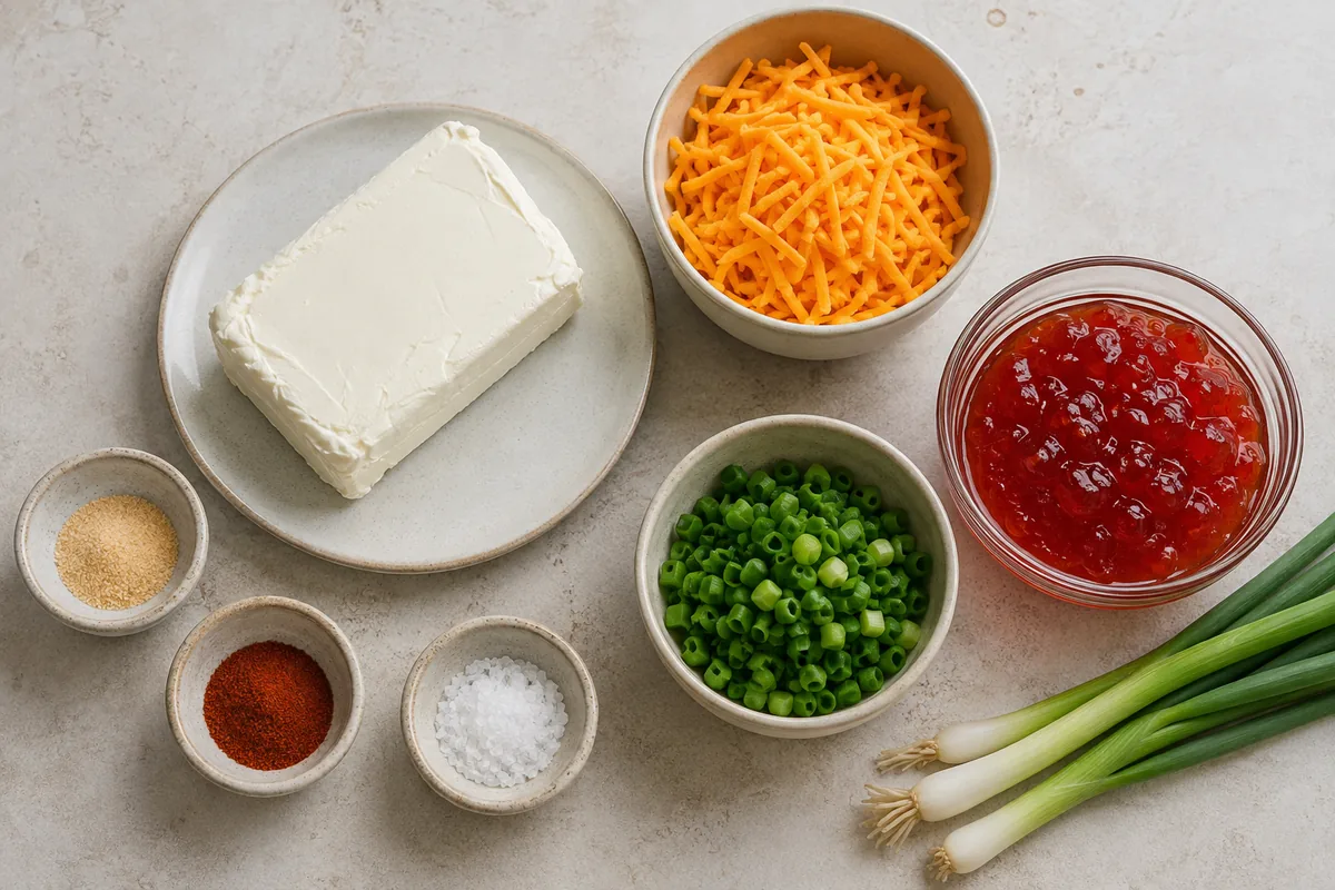 Ingredients for pepper jelly cream cheese dip with cream cheese, sharp cheddar, red pepper jelly, green onions, garlic powder, paprika, and kosher salt