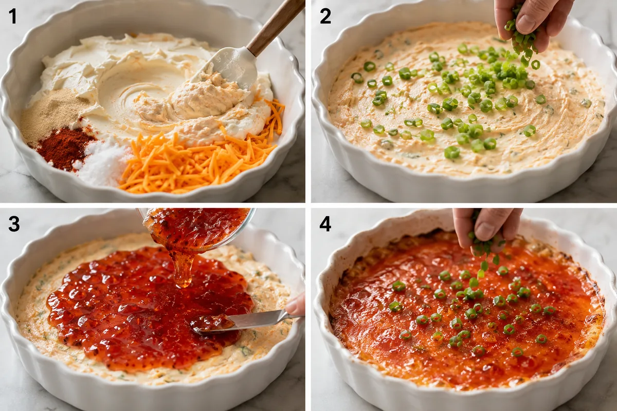 Four stages of pepper jelly cream cheese dip showing the cheese base mixed, green onions added, red pepper jelly spread on top, and the warm dip garnished after baking