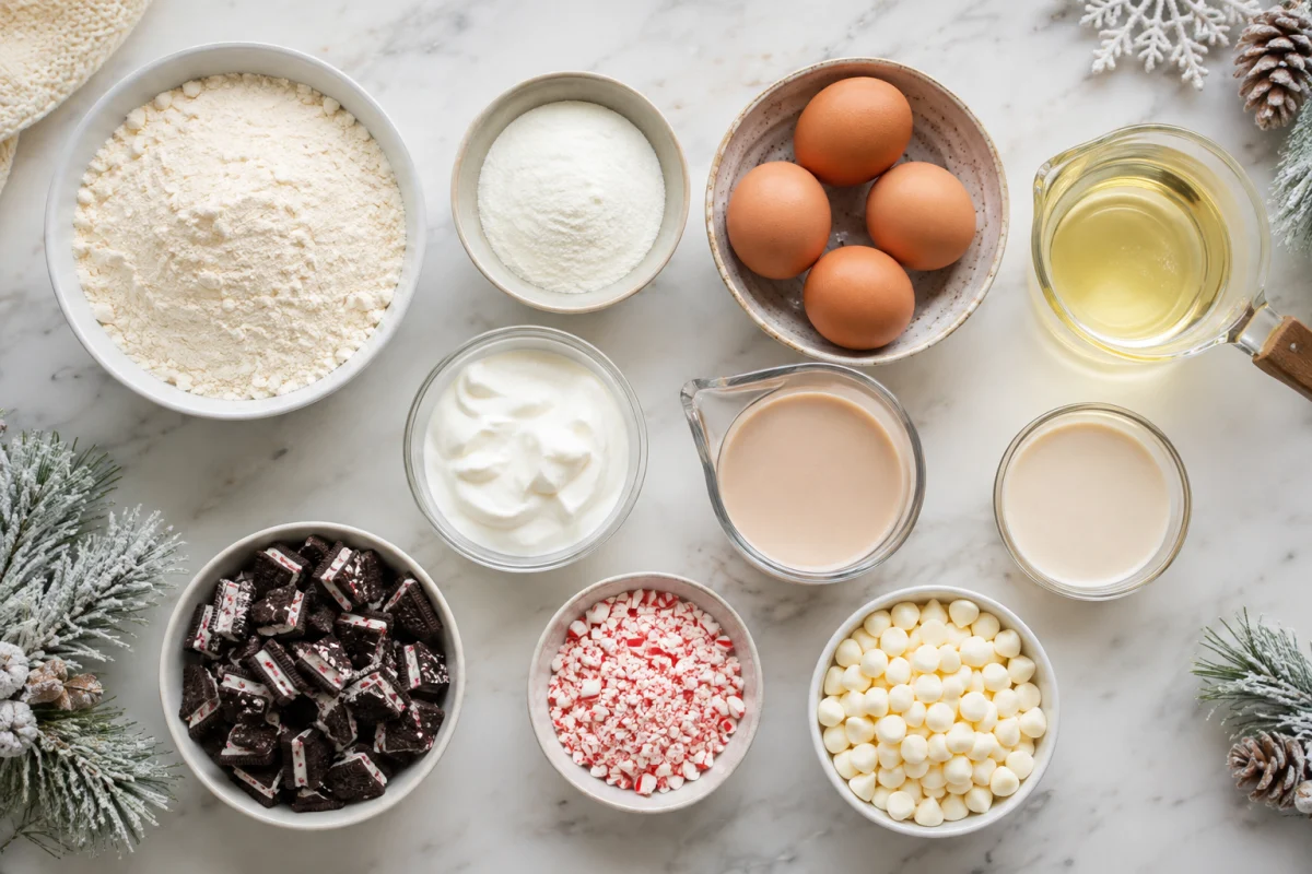 Ingredients for peppermint Bundt cake including cake mix, pudding, eggs, oil, sour cream, creamer, chocolate cookies, peppermint, and white chips