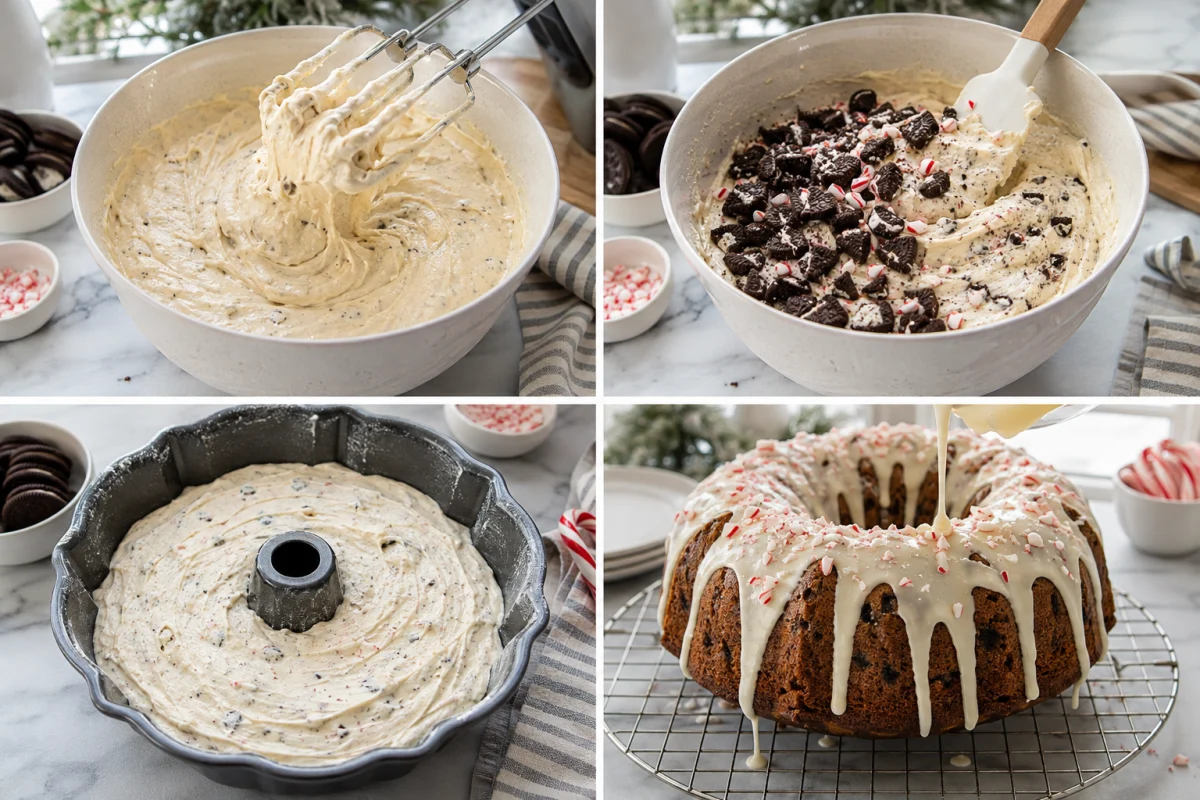 Four stages showing peppermint cake batter mixed, cookies folded in, batter in a Bundt pan, and baked cake covered with white glaze