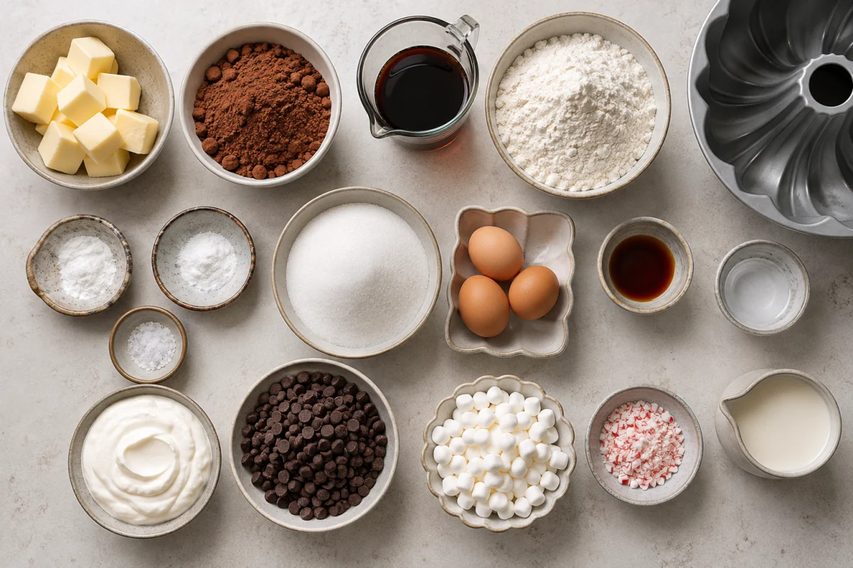 Cocoa, flour, butter, sugar, eggs, sour cream, chocolate chips, marshmallows, peppermint candy, cream, and a Bundt pan