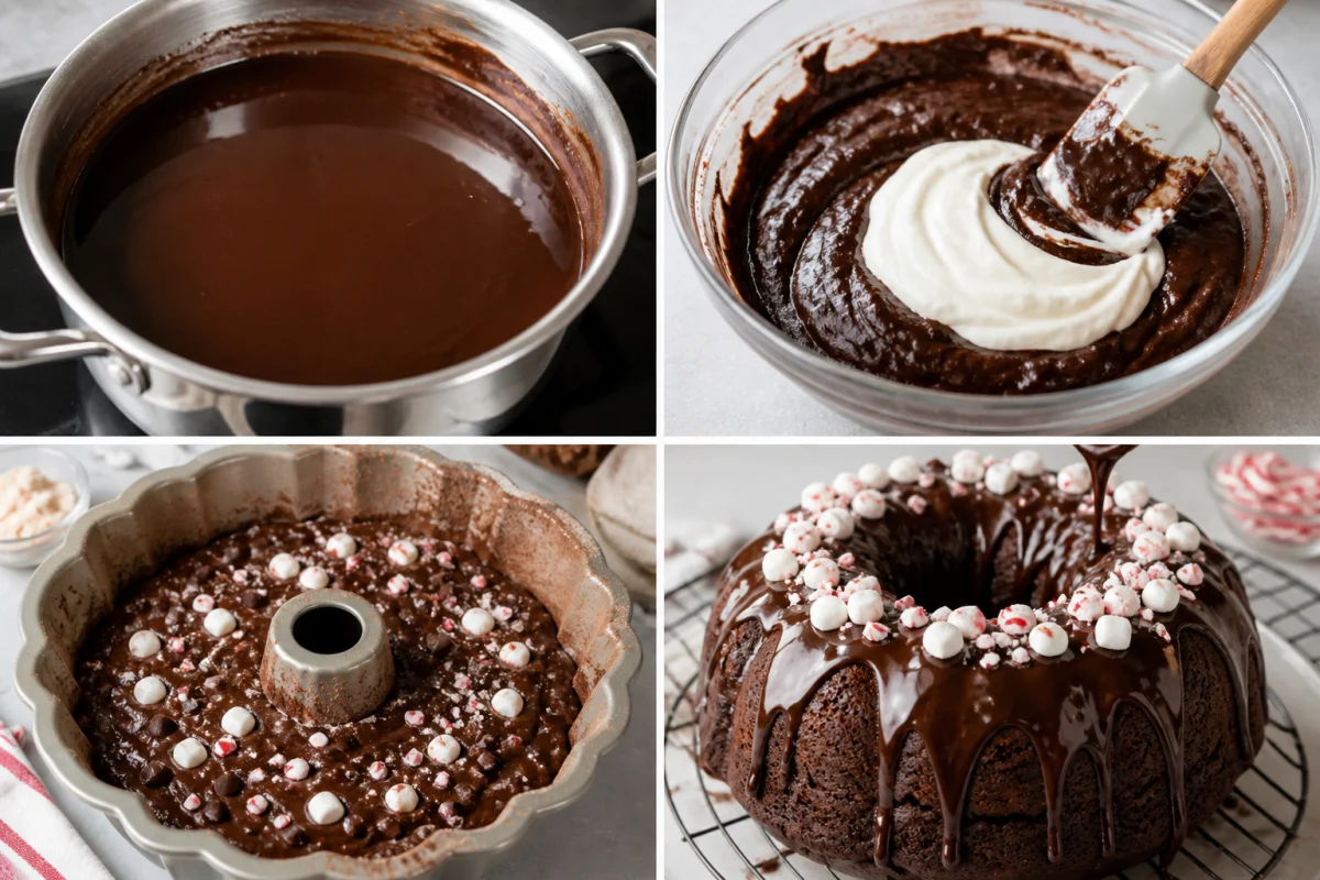 Four stages showing cocoa mixture, sour cream folded into batter, filled Bundt pan, and chocolate ganache poured over peppermint cake