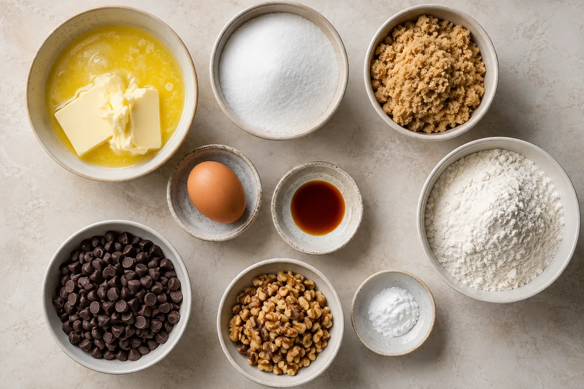 Ingredients for soft chocolate chip walnut cookies with butter, white and brown sugar, egg, vanilla, flour, baking soda, semisweet chocolate chips, and walnuts