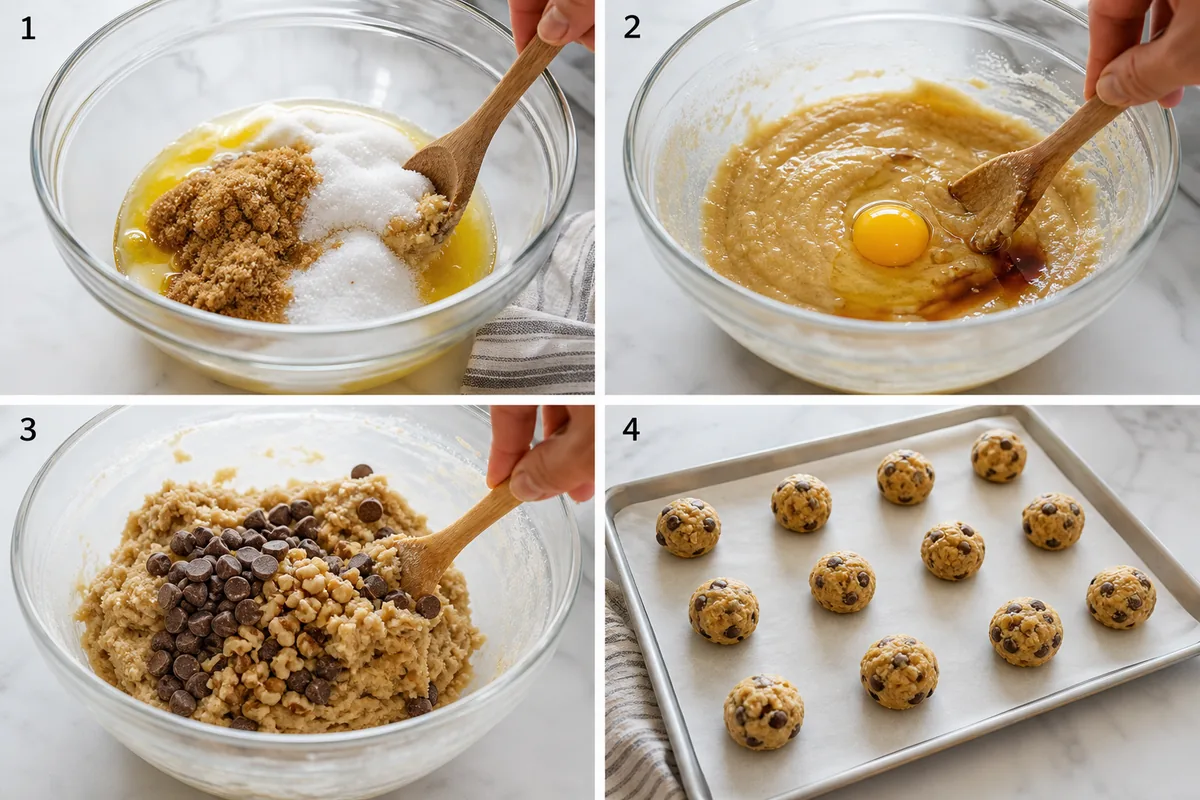 Four stages of soft chocolate chip walnut cookies showing butter and sugars, egg and vanilla, folded dough, and portioned dough balls