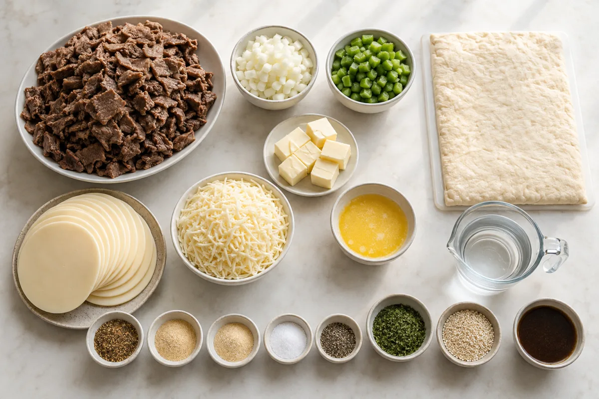 Ingredients for Philly cheesesteak stromboli with sliced steak, onion, green pepper, butter, seasonings, pizza crust, provolone, mozzarella, parsley, sesame, au jus mix, and water