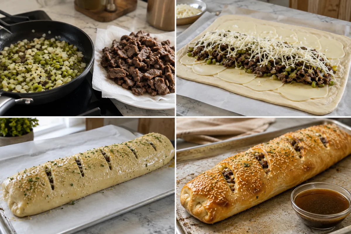 Four stages showing peppers onions and steak cooked and drained, dough layered with provolone beef and mozzarella, a sealed vented stromboli, and the baked golden roll with au jus