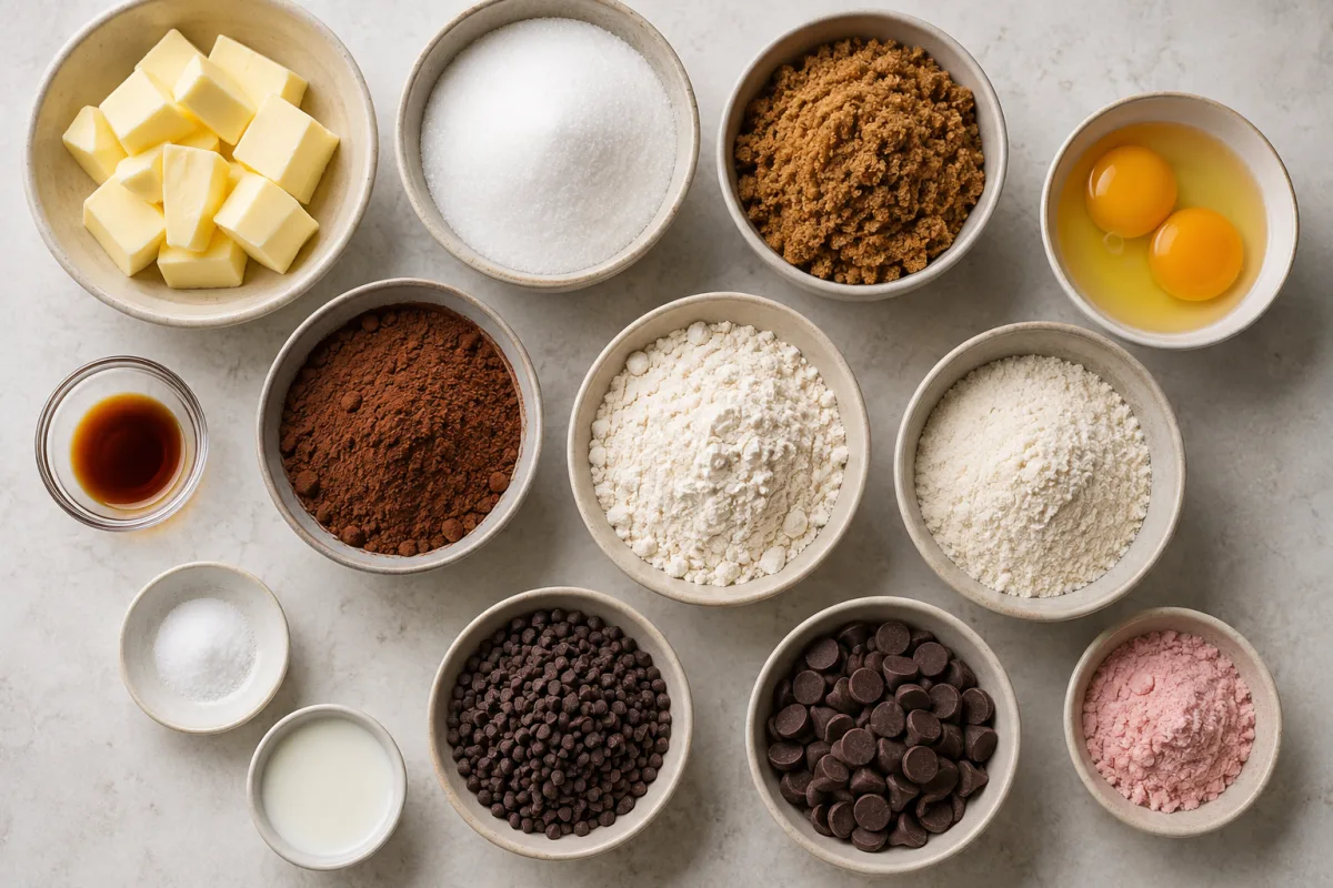 Ingredients for pink cookie dough brownie bites including butter, sugars, eggs, vanilla, cocoa, flour, milk, and chocolate chips