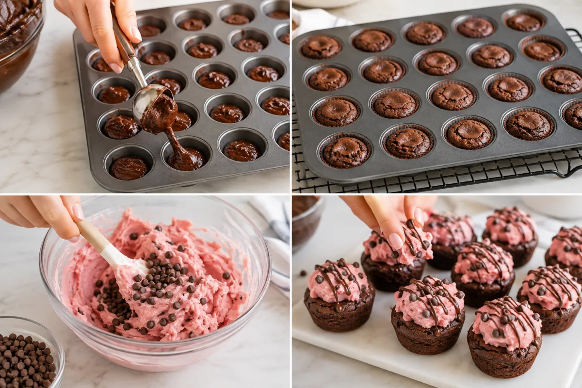 Four stages showing brownie batter portioned, mini brownies baked, pink cookie dough mixed, and brownie bites topped and drizzled