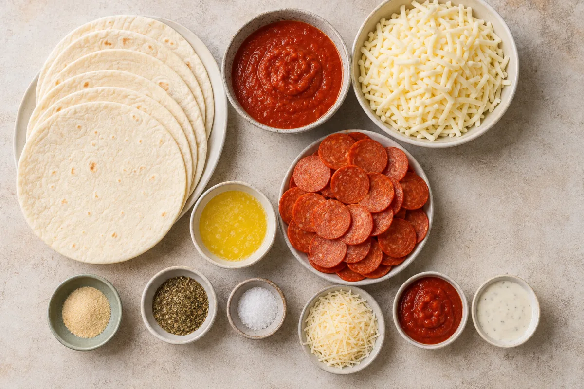 Ingredients for five pizza burritos with flour tortillas, pizza sauce, mozzarella, pepperoni, butter, garlic powder, Italian seasoning, salt, Parmesan, and dipping sauce