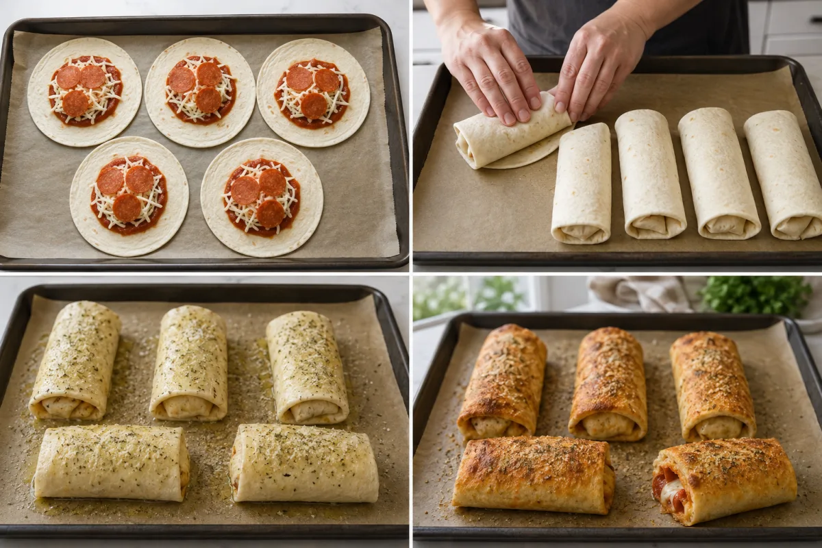 Four stages showing five tortillas filled with pizza sauce, mozzarella, and pepperoni, folded tightly, brushed with garlic herb butter and Parmesan, then baked golden
