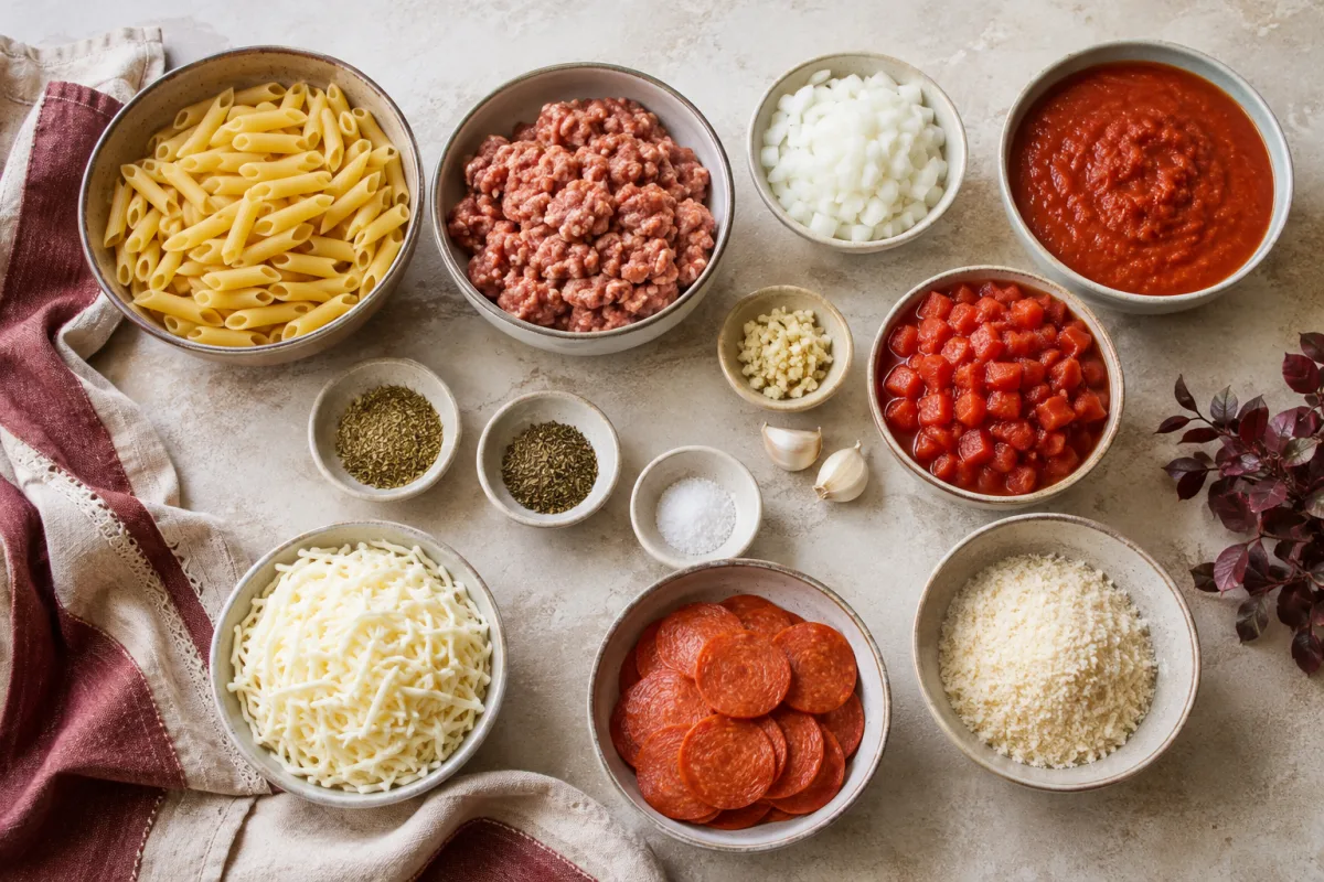 Ingredients for pizza casserole with penne, Italian sausage, onion, garlic, marinara, tomatoes, herbs, mozzarella, Parmesan, and pepperoni