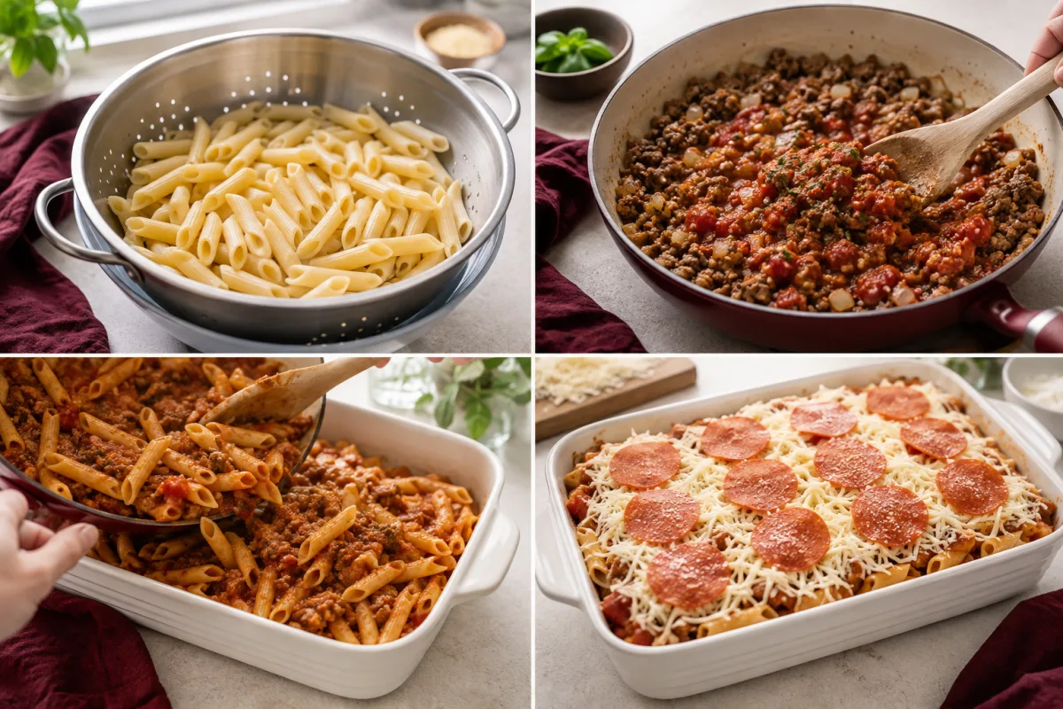 Four stages showing penne cooked, Italian sausage sauce prepared, pasta combined in a baking dish, and topped with cheese and pepperoni