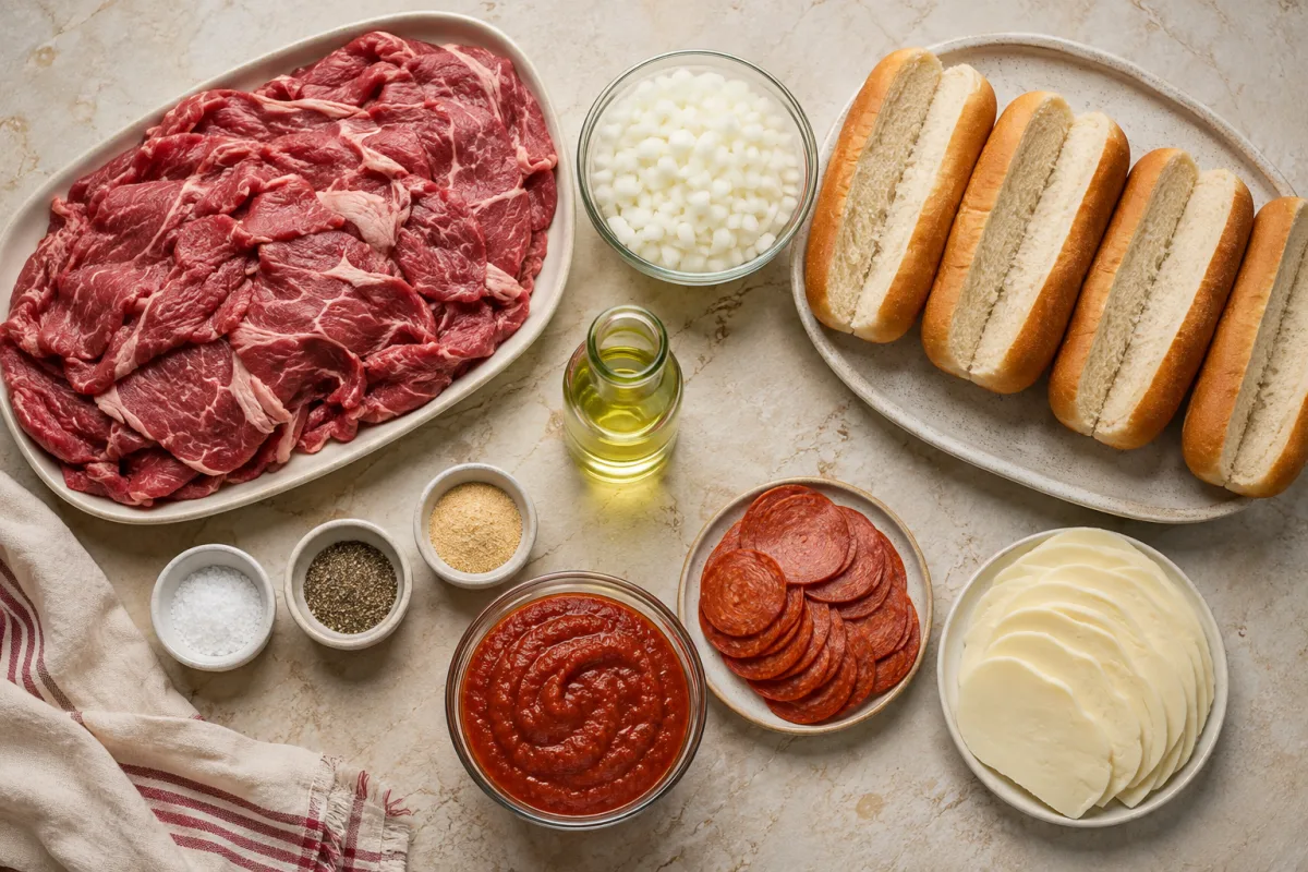 Ingredients for pizza cheesesteak: sliced ribeye, onion, seasonings, oil, sandwich buns, pizza sauce, pepperoni, and mozzarella