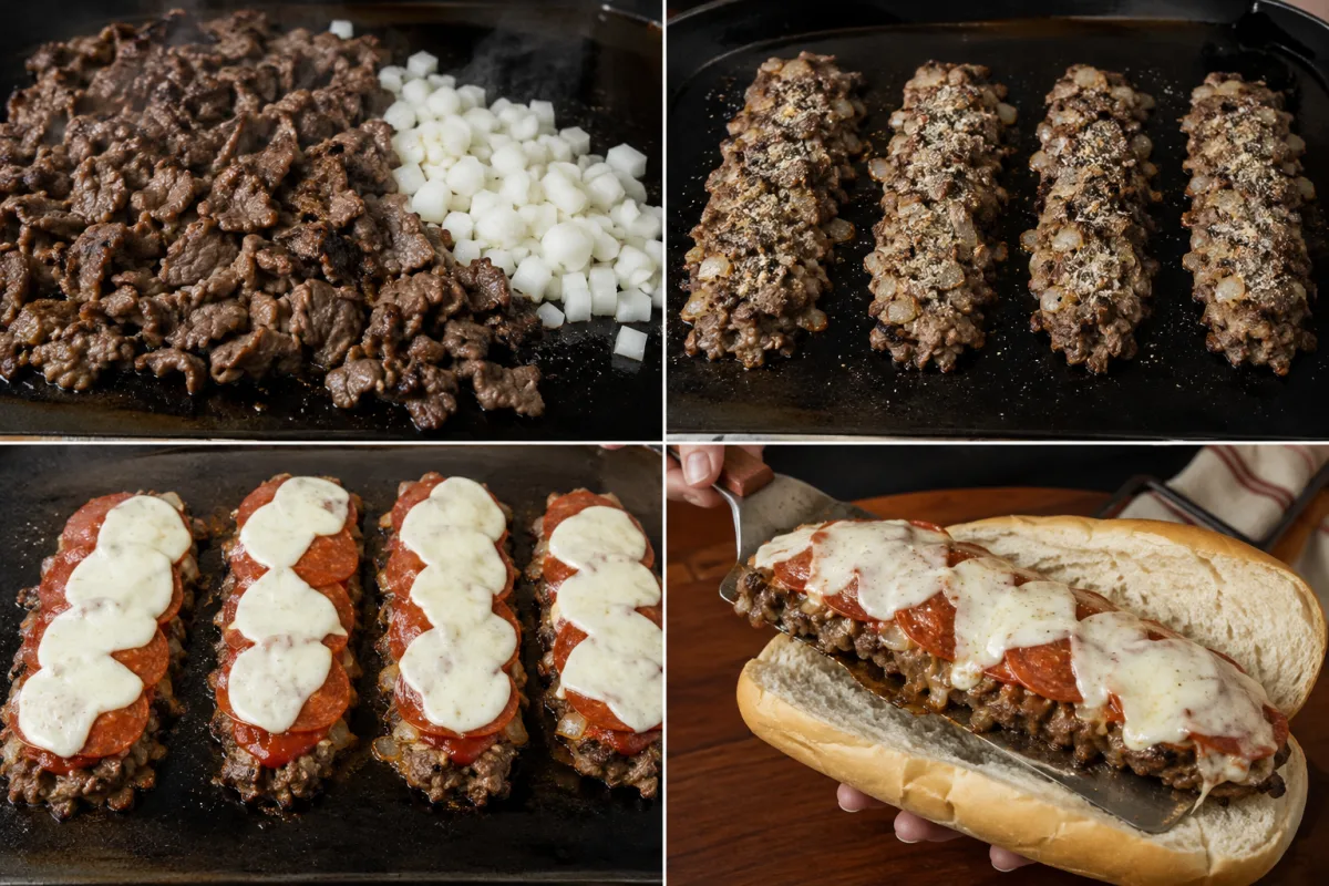 Four stages for pizza cheesesteak: searing ribeye, shaping portions, adding pizza sauce and toppings, and transferring into a bun