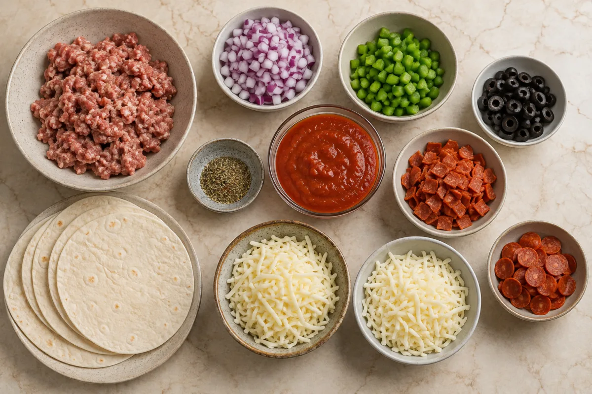 Ingredients for pizza enchiladas with Italian sausage, red onion, green bell pepper, black olives, pepperoni, pizza sauce, flour tortillas, mozzarella, and Italian seasoning