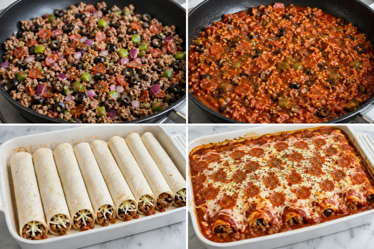 Four stages showing sausage and vegetables cooking, pizza filling spooned onto tortillas, rolled enchiladas arranged in a baking dish, and pizza enchiladas baked with mozzarella and mini pepperoni