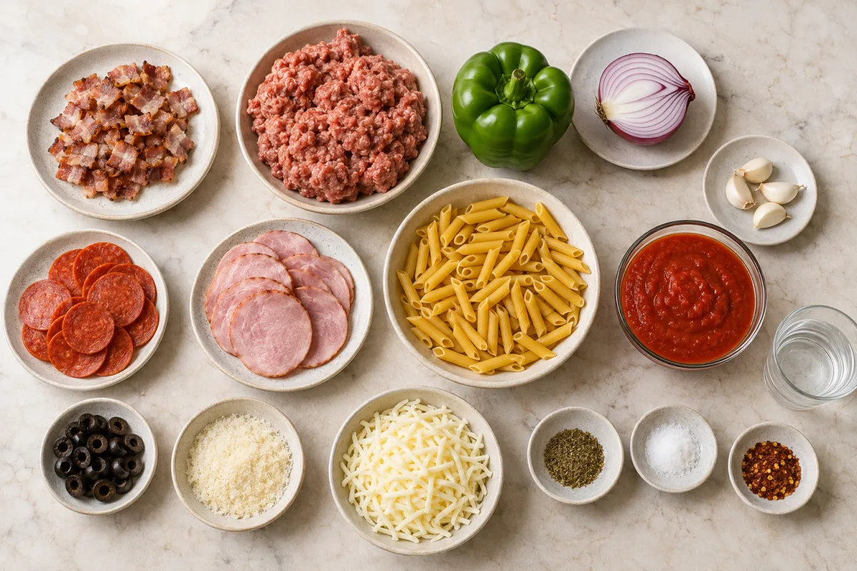 Ingredients for pizza pasta bake with bacon, Italian sausage, pepperoni, Canadian bacon, bell pepper, onion, garlic, olives, penne, marinara, Parmesan, and mozzarella