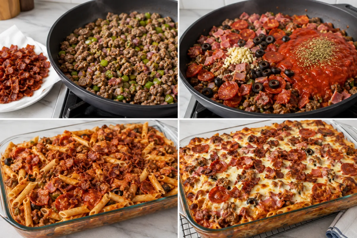 Four stages showing bacon crisped and sausage browned, pizza meats and marinara added, penne assembled with cheese, and pizza pasta bake cooked until bubbling