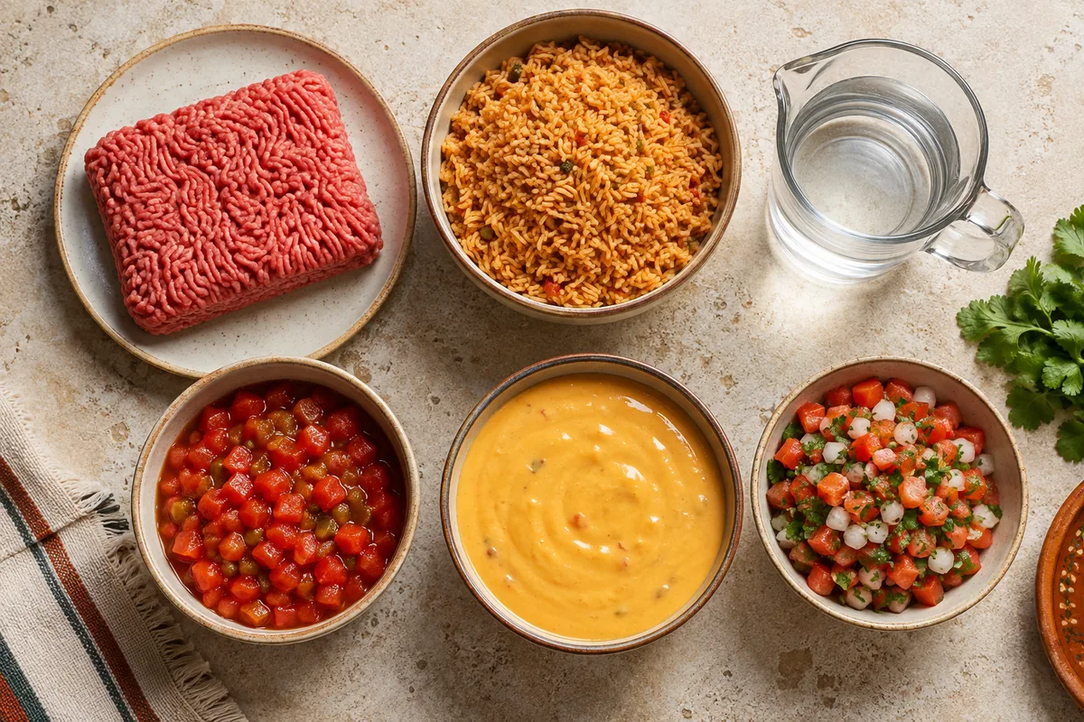 Ingredients for queso taco rice with ground beef, seasoned rice, water, tomatoes with green chiles, queso, and fresh pico de gallo