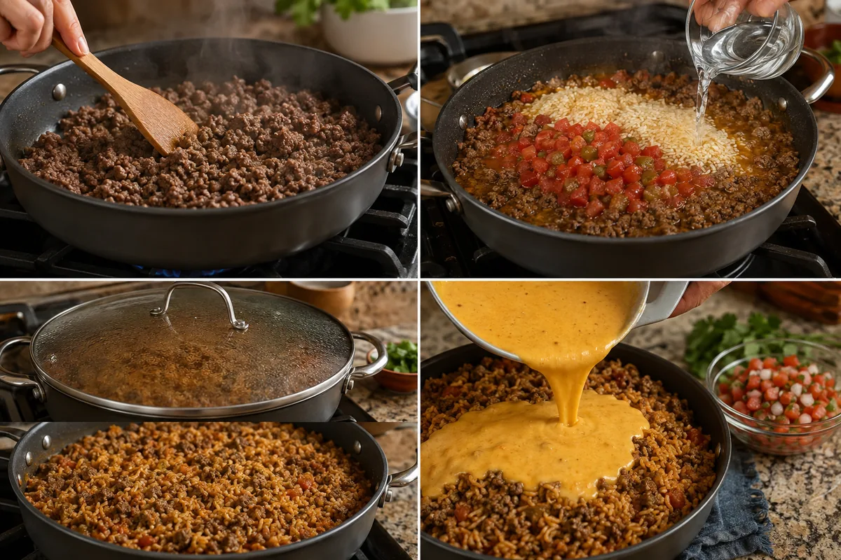 Four stages for queso taco rice: browning beef, adding rice and tomatoes, simmering until tender, and pouring on warm queso