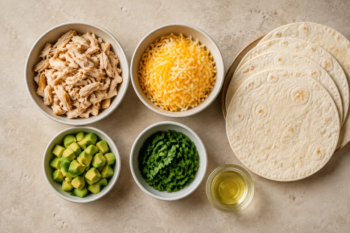 Ingredients for quick chicken burritos including cooked shredded chicken, shredded cheese, diced avocado, cilantro, flour tortillas, and cooking oil