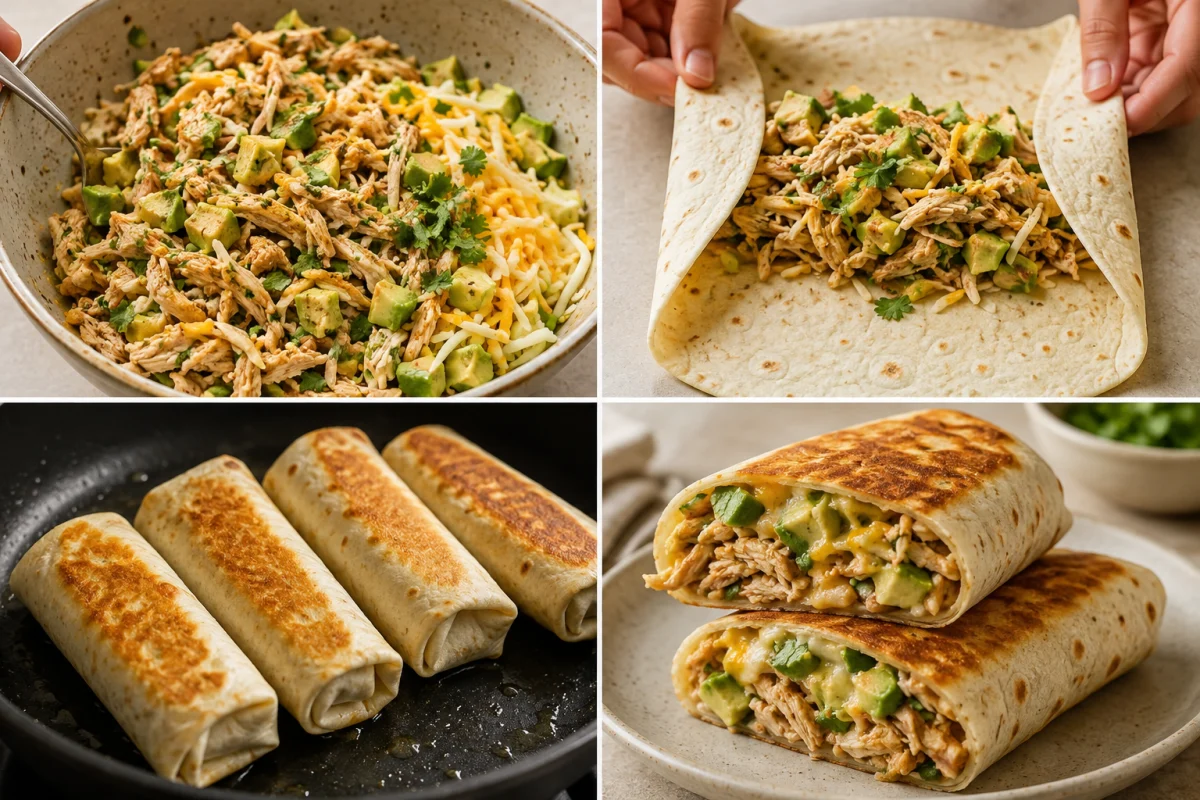Four stages showing chicken filling combined, tortilla filled and folded, burritos browned in a skillet, and a crisp burrito sliced to show chicken cheese and avocado