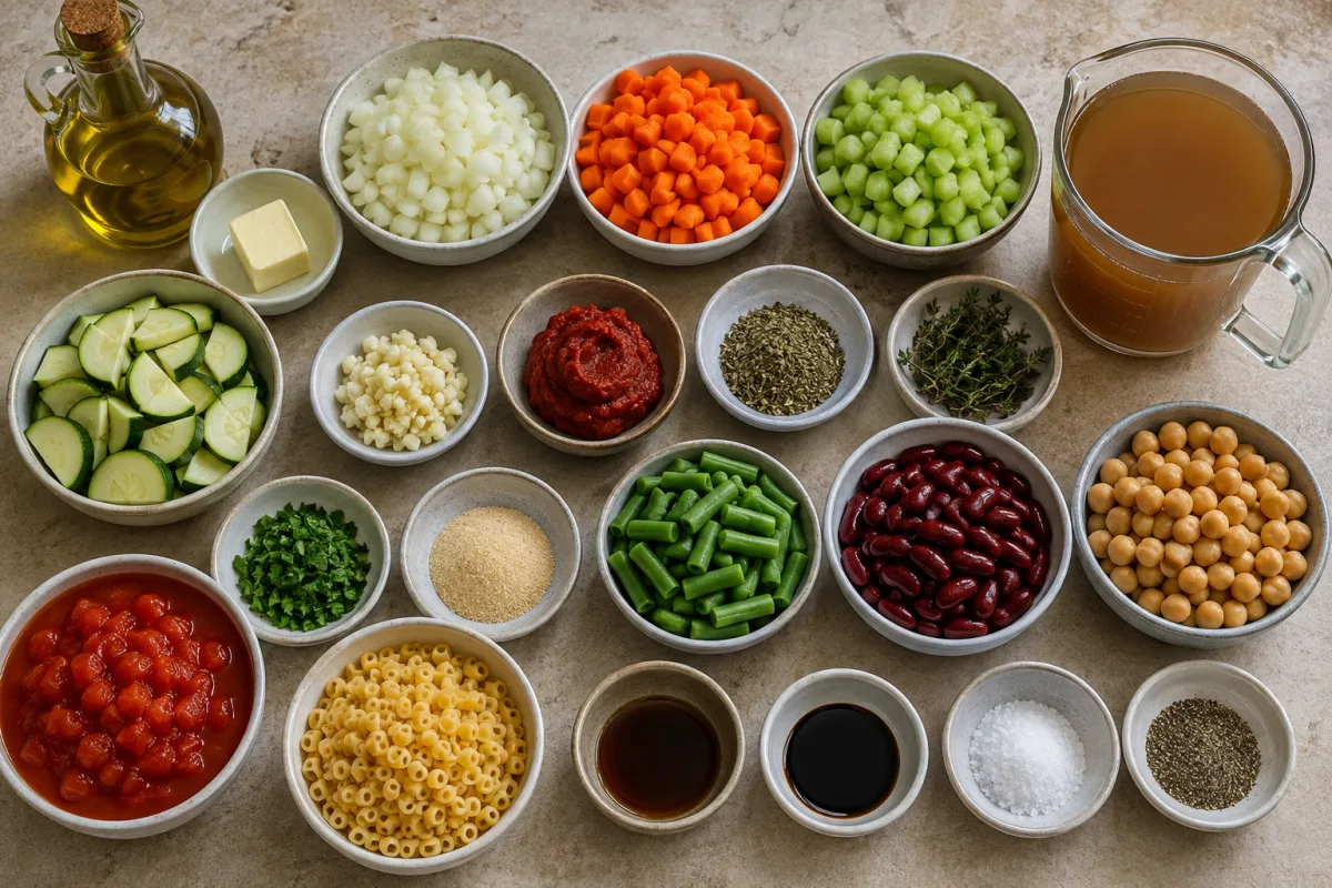 Ingredients for Italian minestrone with onion, carrots, celery, zucchini, green beans, kidney beans, chickpeas, tomatoes, ditalini, broth, herbs, and seasonings