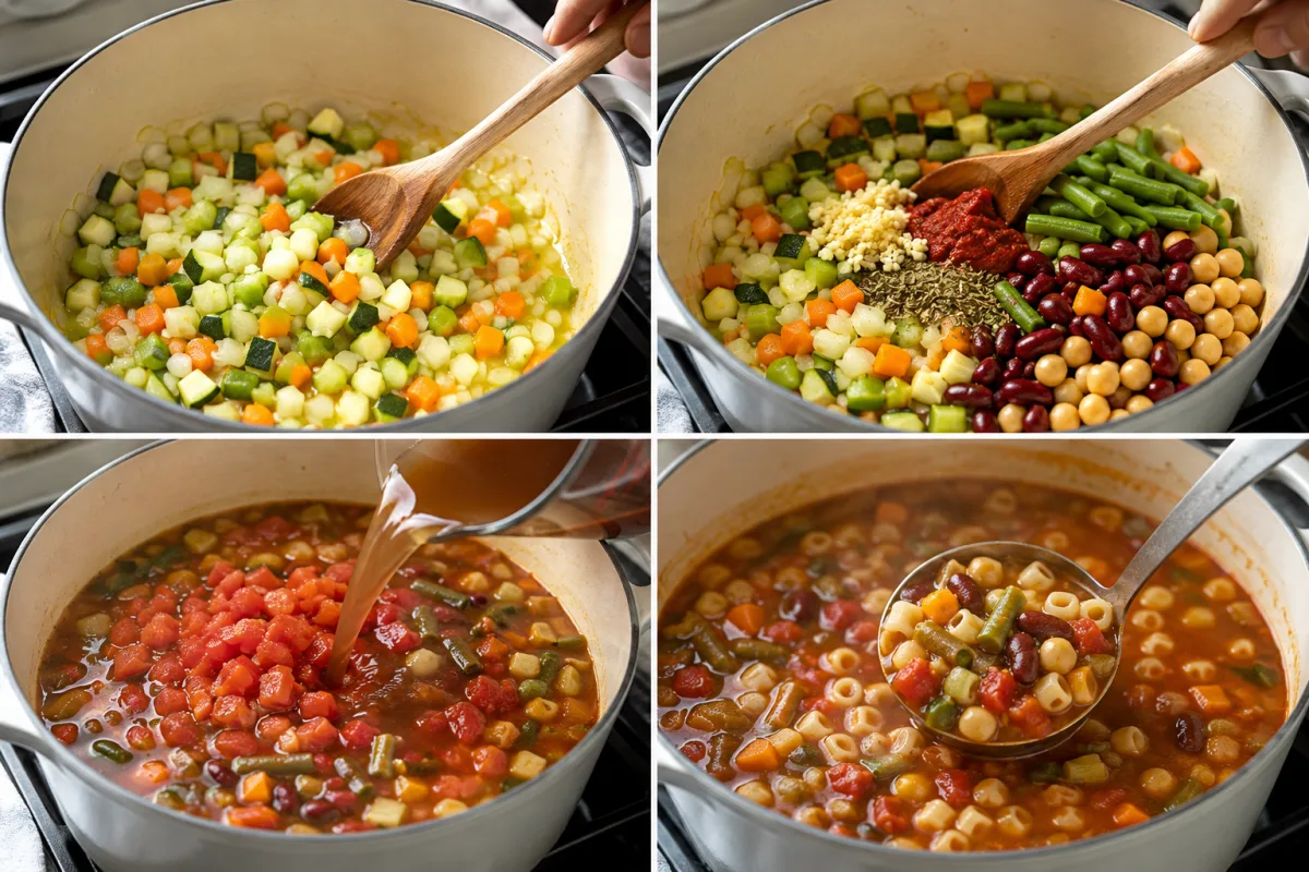 Four stages showing vegetables sautéing, beans and tomato paste added, broth and tomatoes simmering, and finished minestrone with ditalini