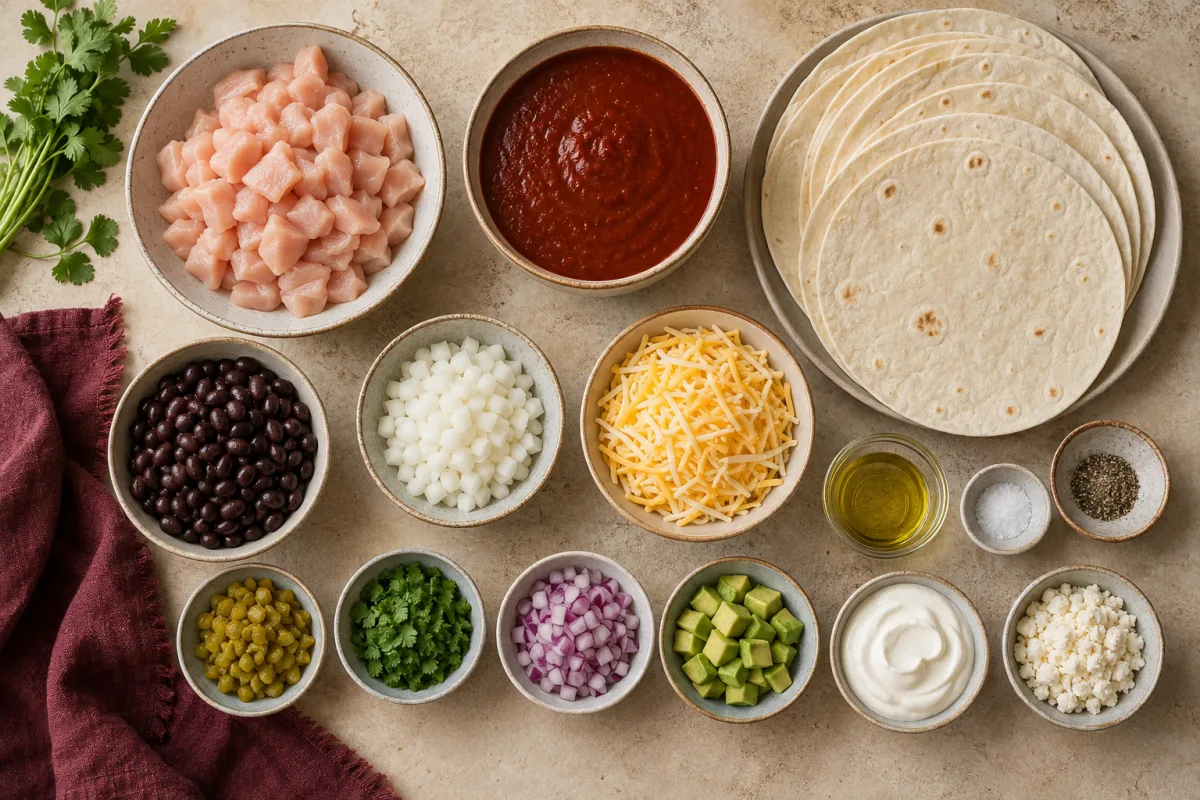 Ingredients for red chicken enchiladas with chicken, tortillas, red sauce, cheese, black beans, onion, green chilies, and toppings