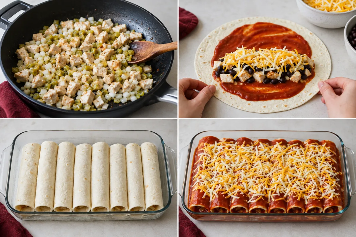 Four stages showing chicken filling cooked, tortillas filled, enchiladas rolled into a baking dish, and topped with red sauce and cheese