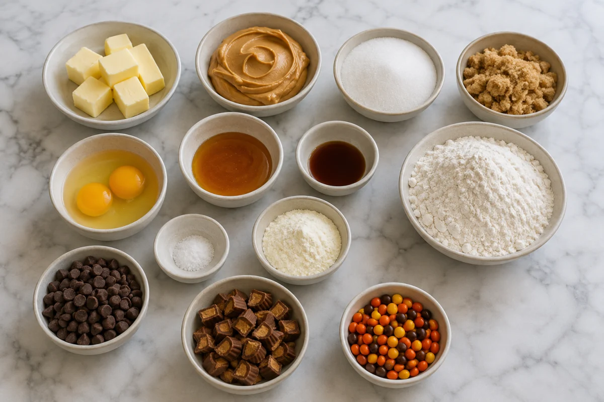 Ingredients for loaded peanut butter cookies including butter, peanut butter, sugars, eggs, honey, vanilla, flour, baking soda, salt, vanilla pudding mix, chocolate chips, peanut butter cups, and candy pieces