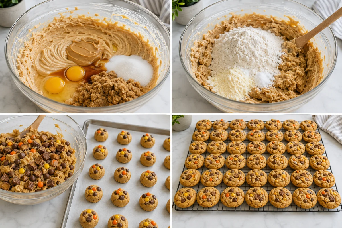 Four stages showing peanut butter dough mixed, dry ingredients added, candies folded in and dough portioned, and 36 loaded cookies cooling