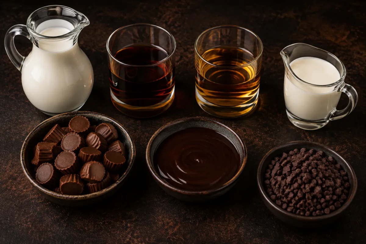 Ingredients for a peanut butter cup dessert shot including whole milk, coffee liqueur, peanut butter whiskey, chocolate syrup, cream, chocolate chips, and small peanut butter cup candies