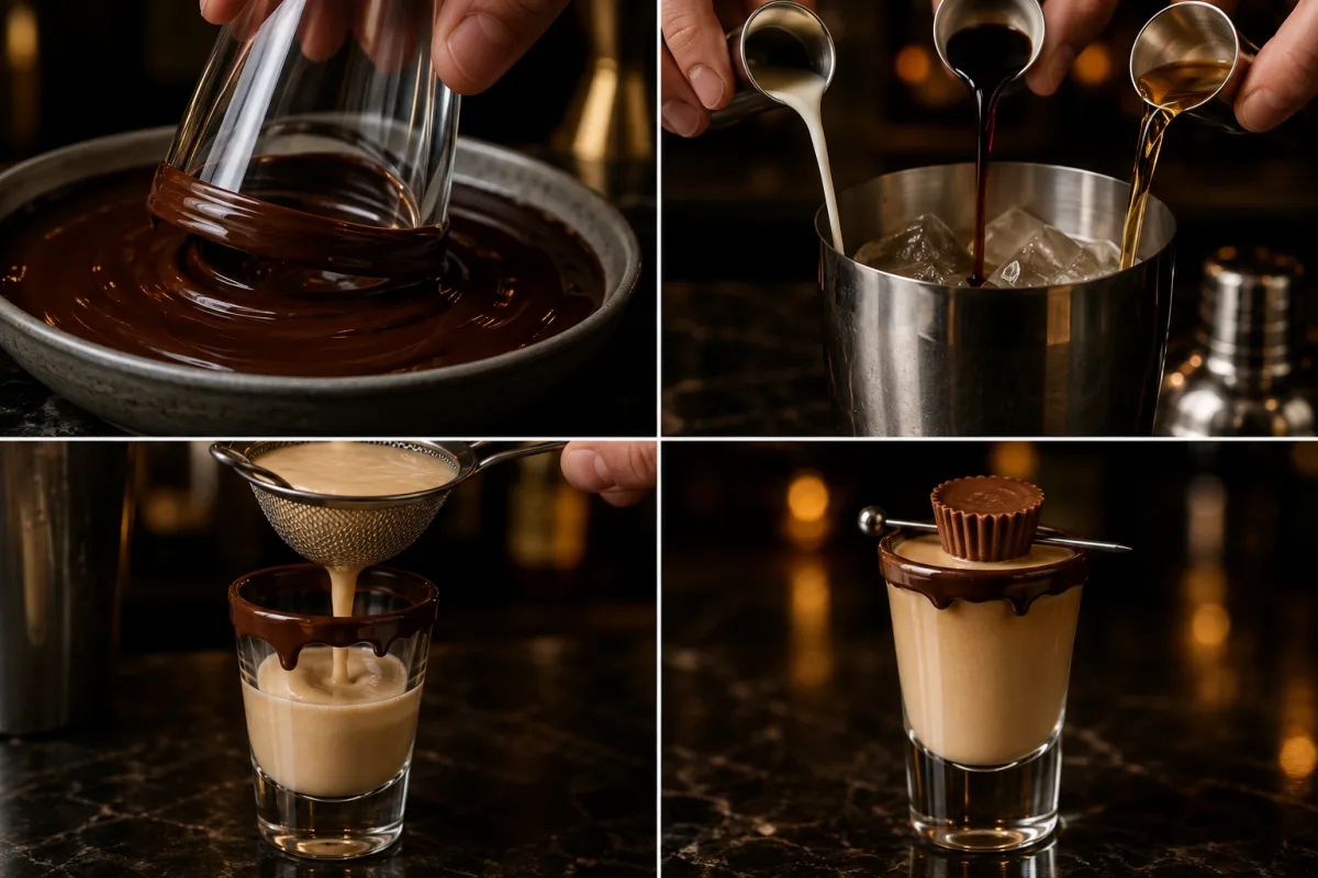 Four stages showing a shot glass rim dipped in chocolate, milk and liqueurs measured, creamy drink strained into the glass, and the finished shot garnished with a peanut butter cup