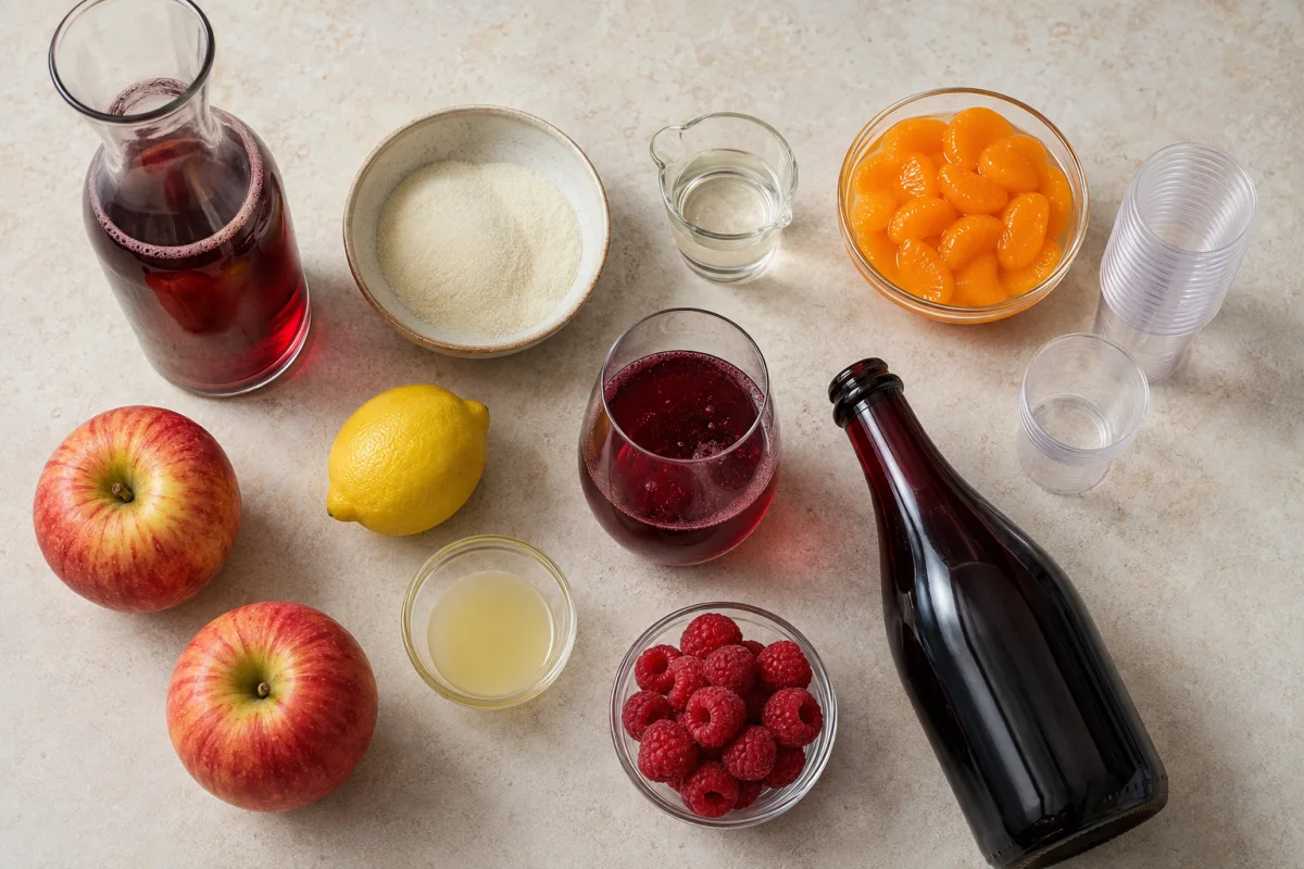 Ingredients for sangria wine jello shots including berry juice, gelatin, triple sec, red wine, mandarins, raspberries, apples, and lemon