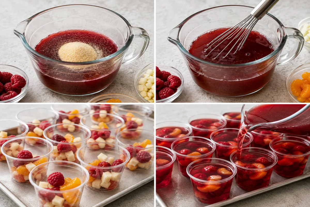 Four stages showing gelatin bloomed, wine mixture whisked, fruit divided into cups, and red gelatin mixture poured